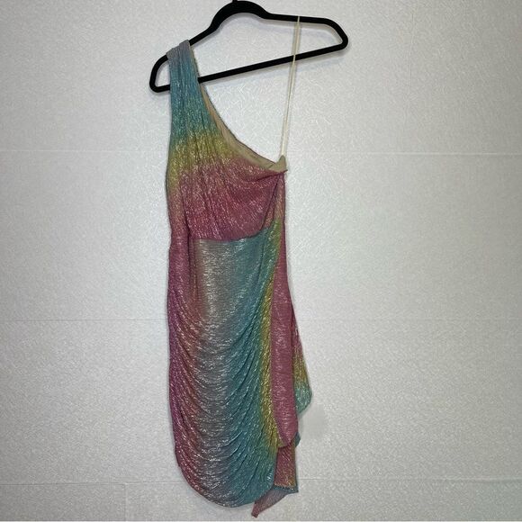 PatBo Prism Lurex Shimmer Rainbow One Shoulder Mini Dress 12 - Picture 8 of 8
